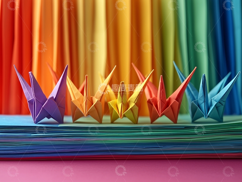 高清大图下载【趣麦麦图】彩虹背景下的彩色纸鹤