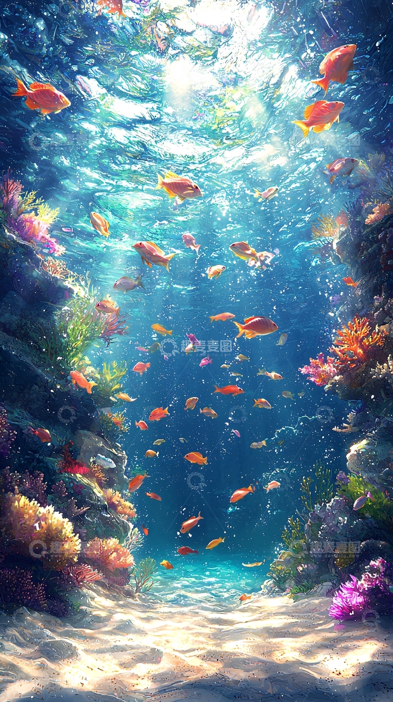 高清大图下载【趣麦麦图】阳光透过海水照射珊瑚礁