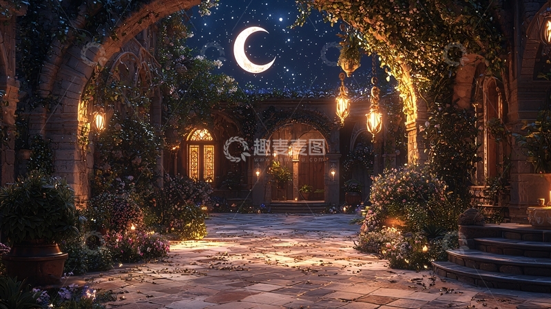 高清大图下载【趣麦麦图】夜晚庭院