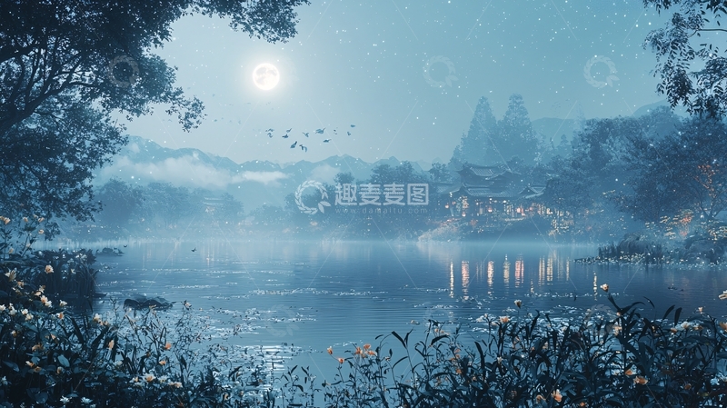 高清大图下载【趣麦麦图】雾气弥漫的月光湖景