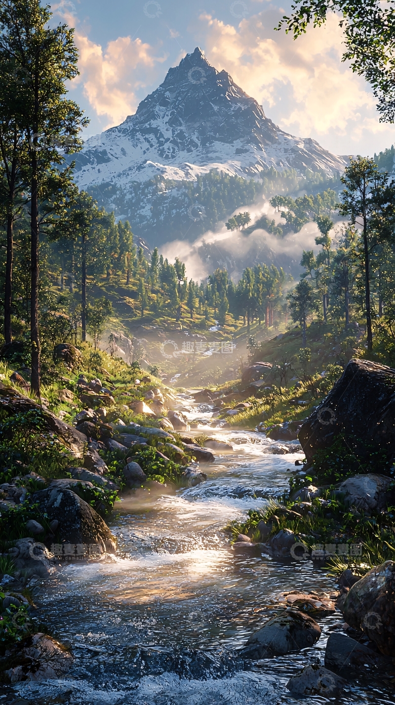高清大图下载【趣麦麦图】雪山流水森林的壮丽景色