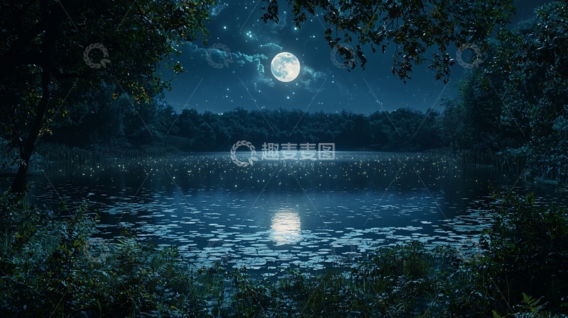 高清大图下载【趣麦麦图】月夜湖边萤火点点