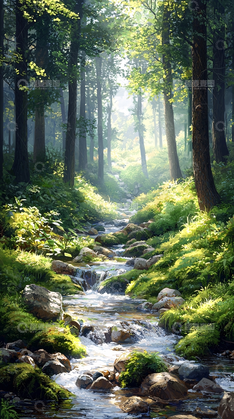 高清大图下载【趣麦麦图】林间溪流阳光