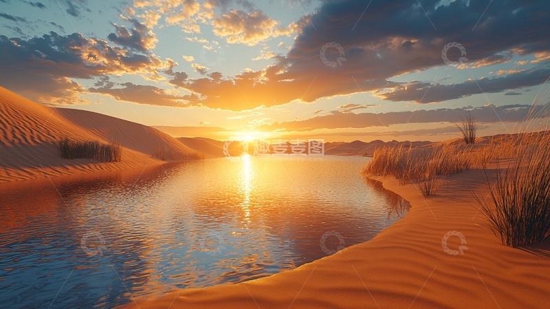 高清大图下载【趣麦麦图】沙漠日落湖泊
