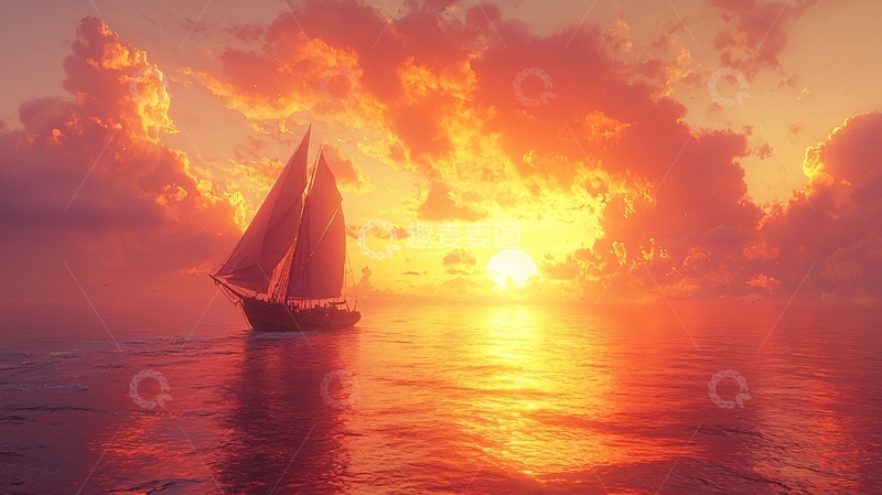 高清大图下载【趣麦麦图】夕阳西下帆船大海