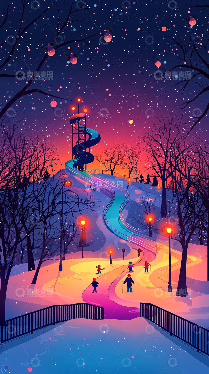 高清大图下载【趣麦麦图】冬夜雪景公园滑梯