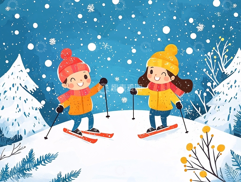高清大图下载【趣麦麦图】滑雪的儿童卡通人物