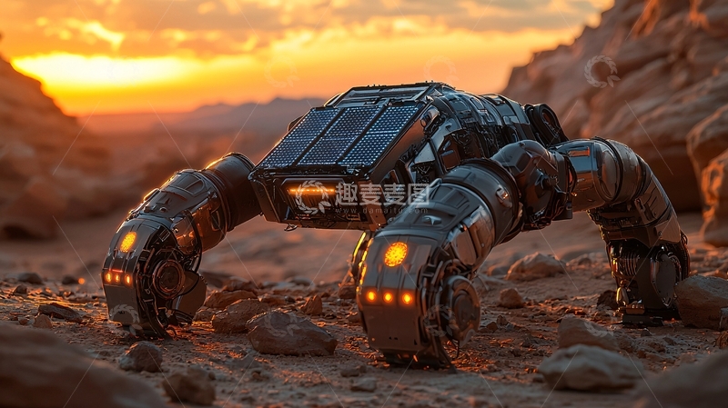 高清大图下载【趣麦麦图】日落荒漠中的四足机器人
