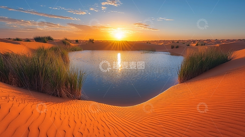 高清大图下载【趣麦麦图】沙漠绿洲日落