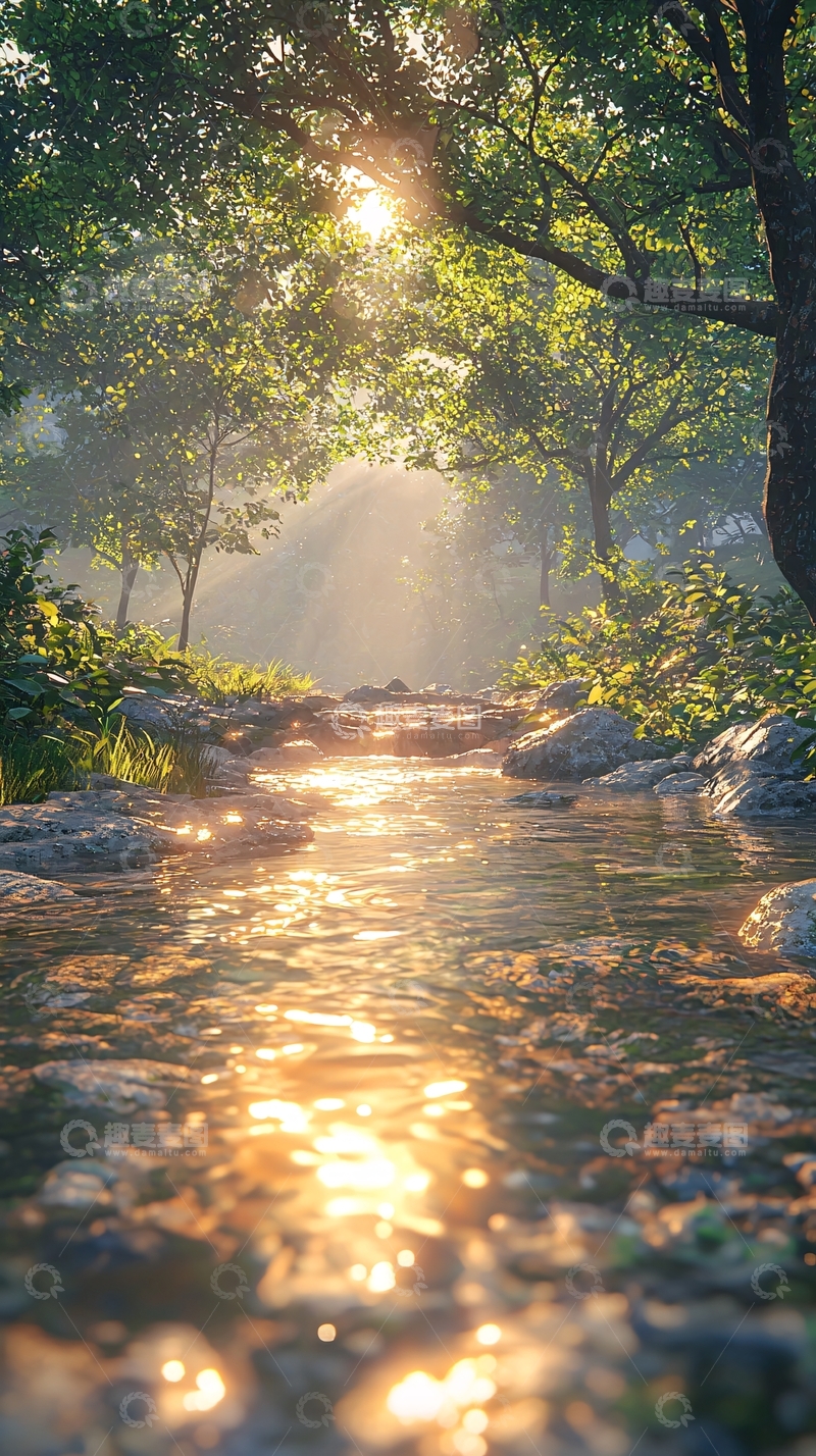 高清大图下载【趣麦麦图】阳光照耀下的森林小溪