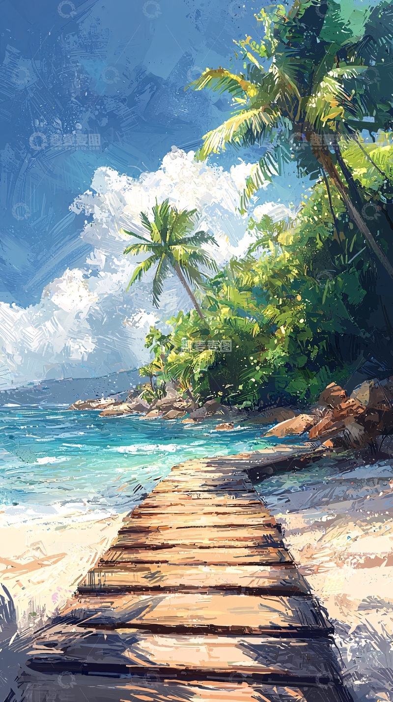 高清大图下载【趣麦麦图】木质栈道通向热带沙滩