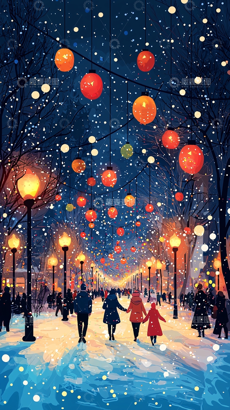 高清大图下载【趣麦麦图】冬夜雪景街灯彩灯