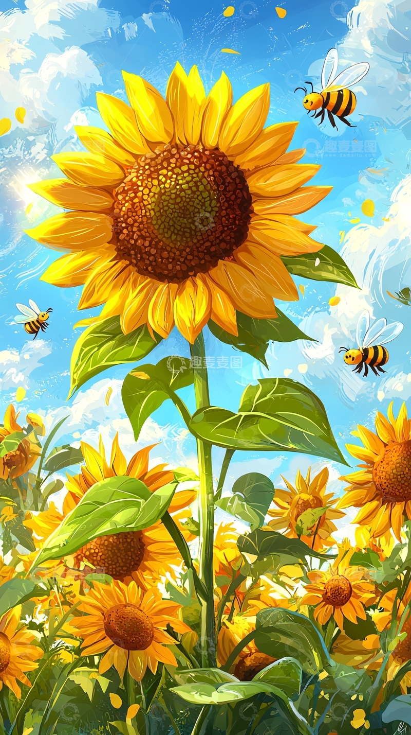 高清大图下载【趣麦麦图】向日葵与蜜蜂的田园风光