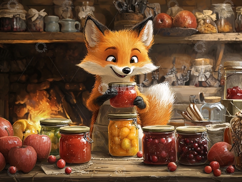 高清大图下载【趣麦麦图】拟人狐狸在厨房制作果酱