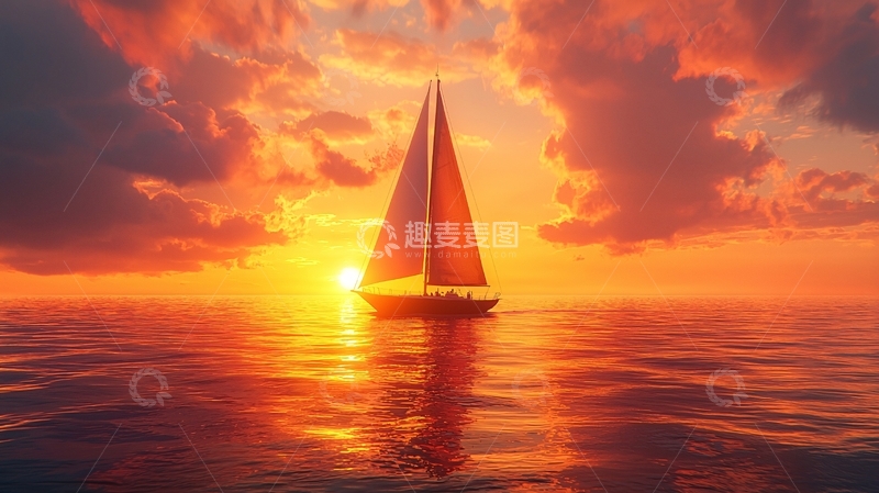 高清大图下载【趣麦麦图】夕阳西下帆船大海