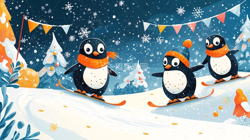 高清大图下载【趣麦麦图】雪地里滑雪的三只企鹅