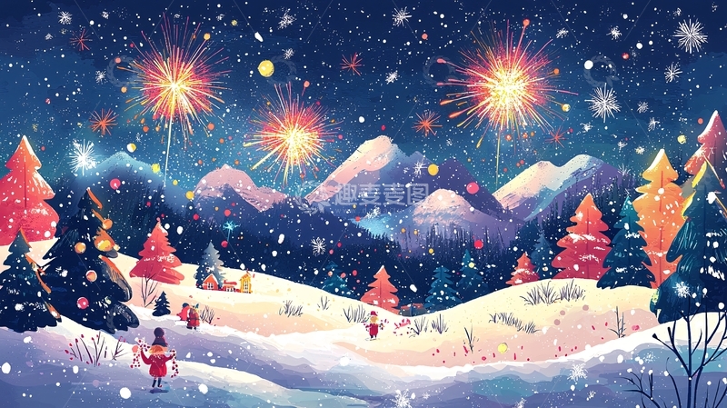 高清大图下载【趣麦麦图】雪夜山间烟花绚烂场景