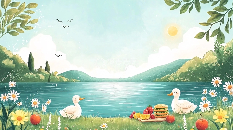 高清大图下载【趣麦麦图】春日湖边野餐图