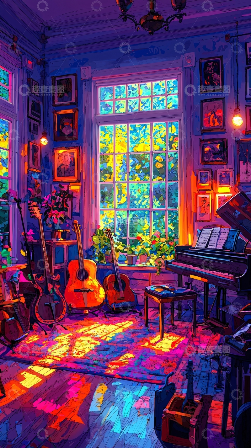 高清大图下载【趣麦麦图】多彩房间乐器夜景
