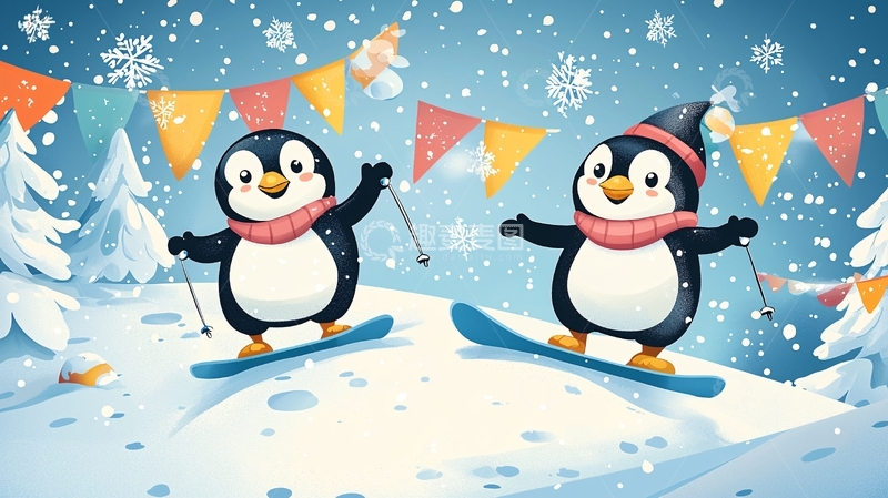 高清大图下载【趣麦麦图】可爱企鹅滑雪场景