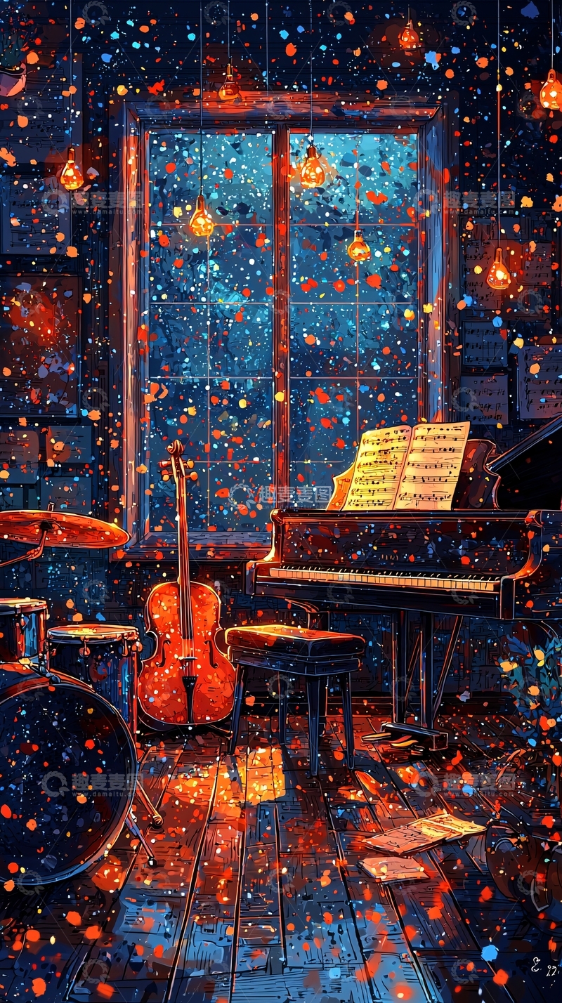 高清大图下载【趣麦麦图】夜晚房间乐器