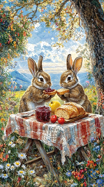 两只兔子分享美食的场景