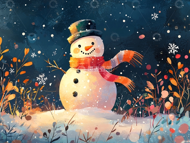 高清大图下载【趣麦麦图】水彩雪人冬季场景