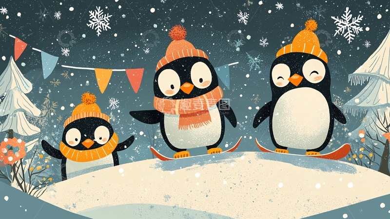 高清大图下载【趣麦麦图】戴着帽子滑雪的企鹅