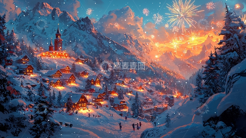 高清大图下载【趣麦麦图】雪山小镇新年烟火