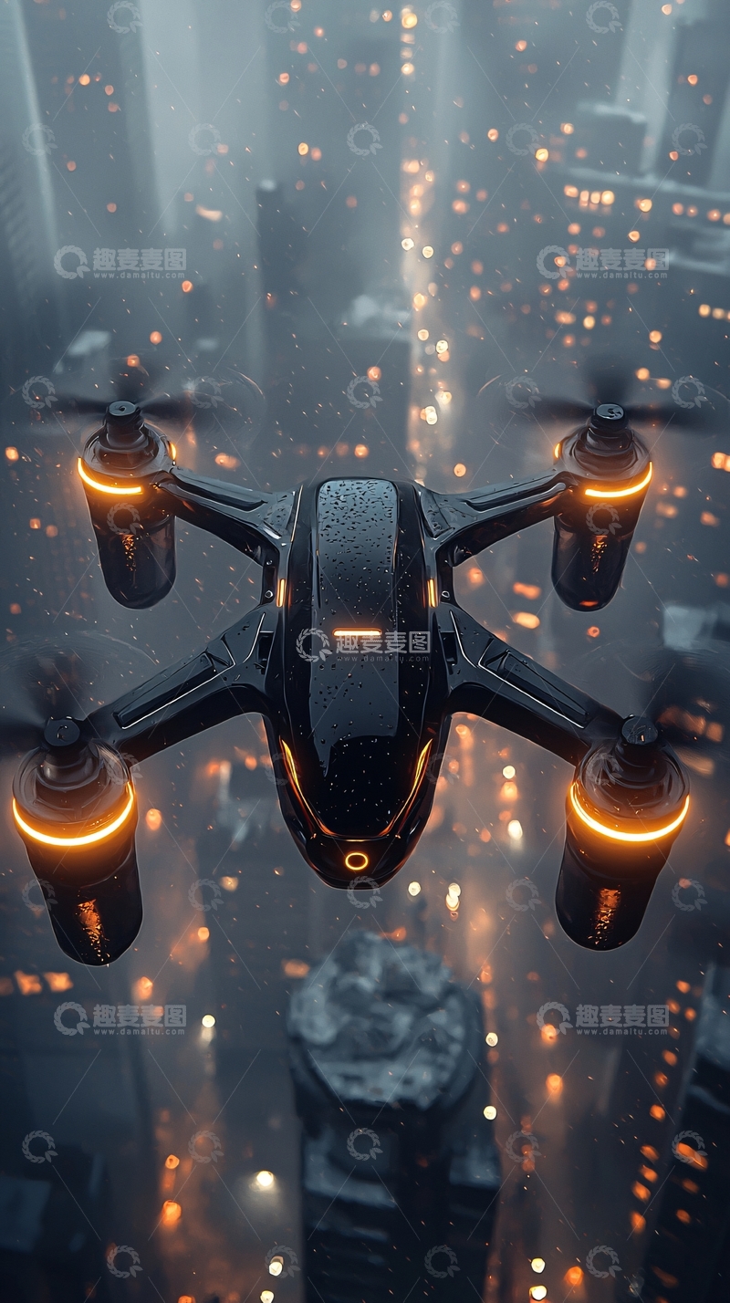 高清大图下载【趣麦麦图】雨夜城市上空无人机