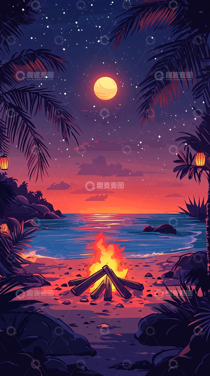 高清大图下载【趣麦麦图】海边篝火星空椰树唯美夜晚