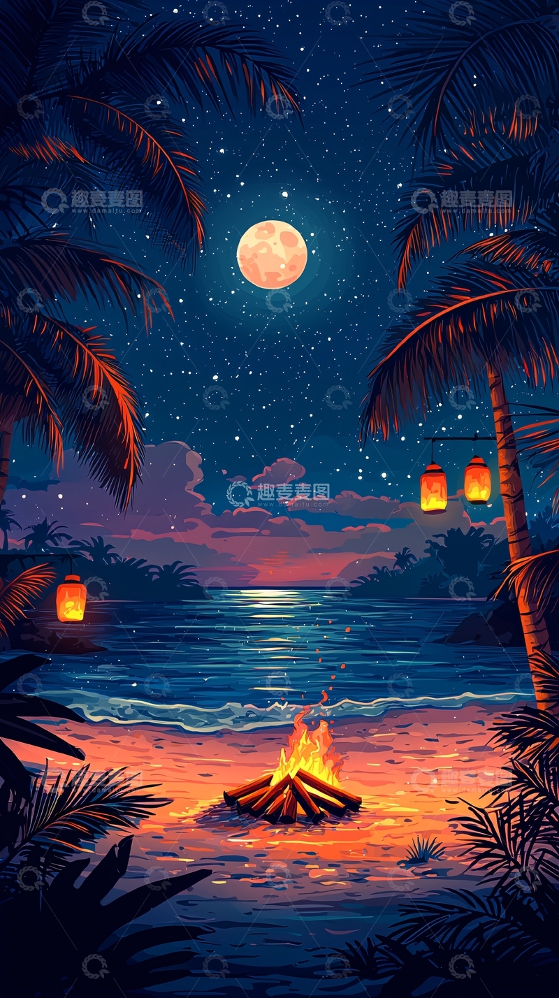 高清大图下载【趣麦麦图】海滩篝火月夜星空