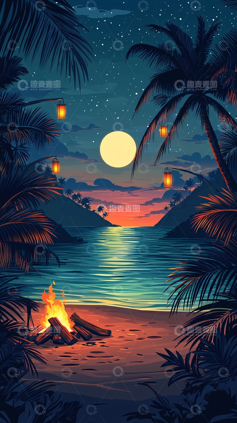 高清大图下载【趣麦麦图】热带海滩篝火夜晚星空