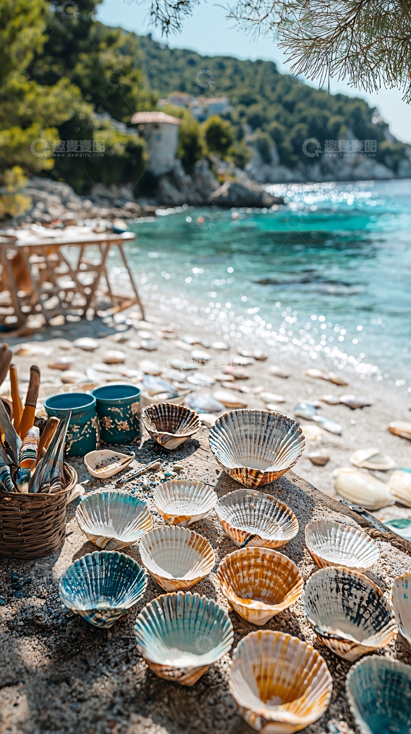 高清大图下载【趣麦麦图】海滩上的手工艺品摊位