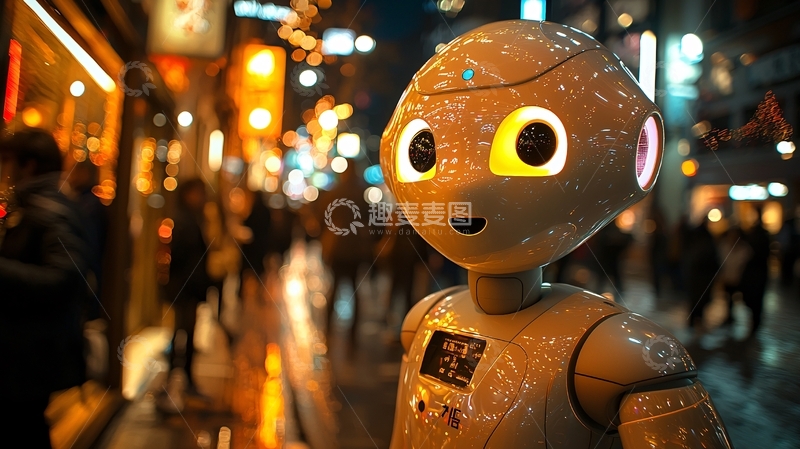 高清大图下载【趣麦麦图】夜市街景中可爱的机器人