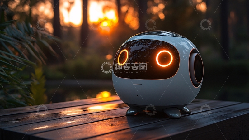 高清大图下载【趣麦麦图】夕阳下的小型可爱机器人