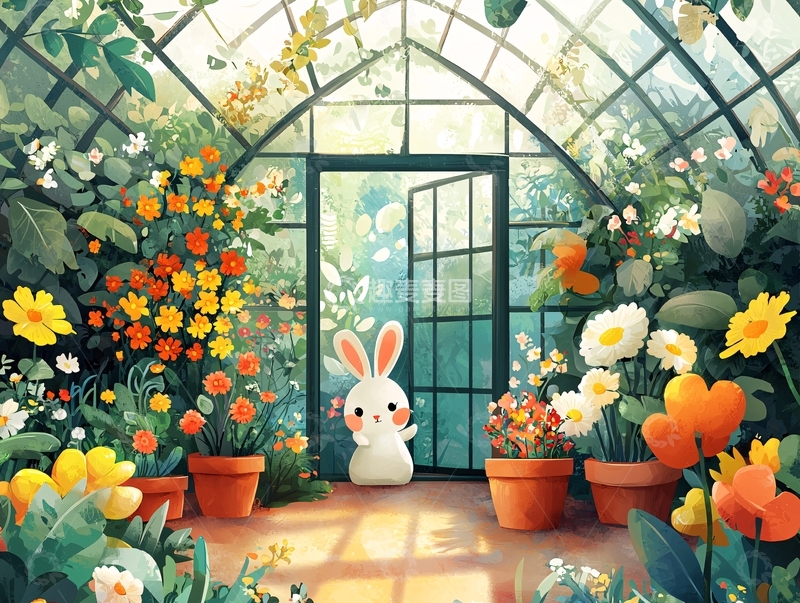 高清大图下载【趣麦麦图】兔子在鲜花温室里