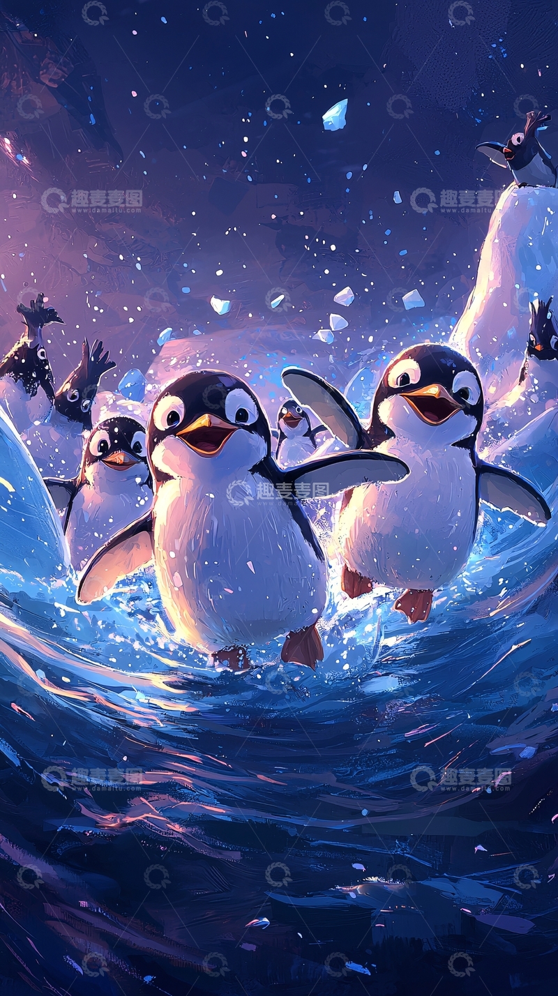 高清大图下载【趣麦麦图】一群快乐的企鹅在冰上跳跃