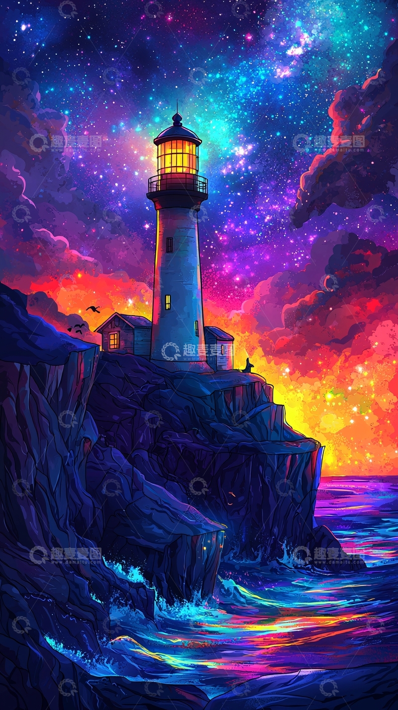 高清大图下载【趣麦麦图】梦幻星空下的灯塔