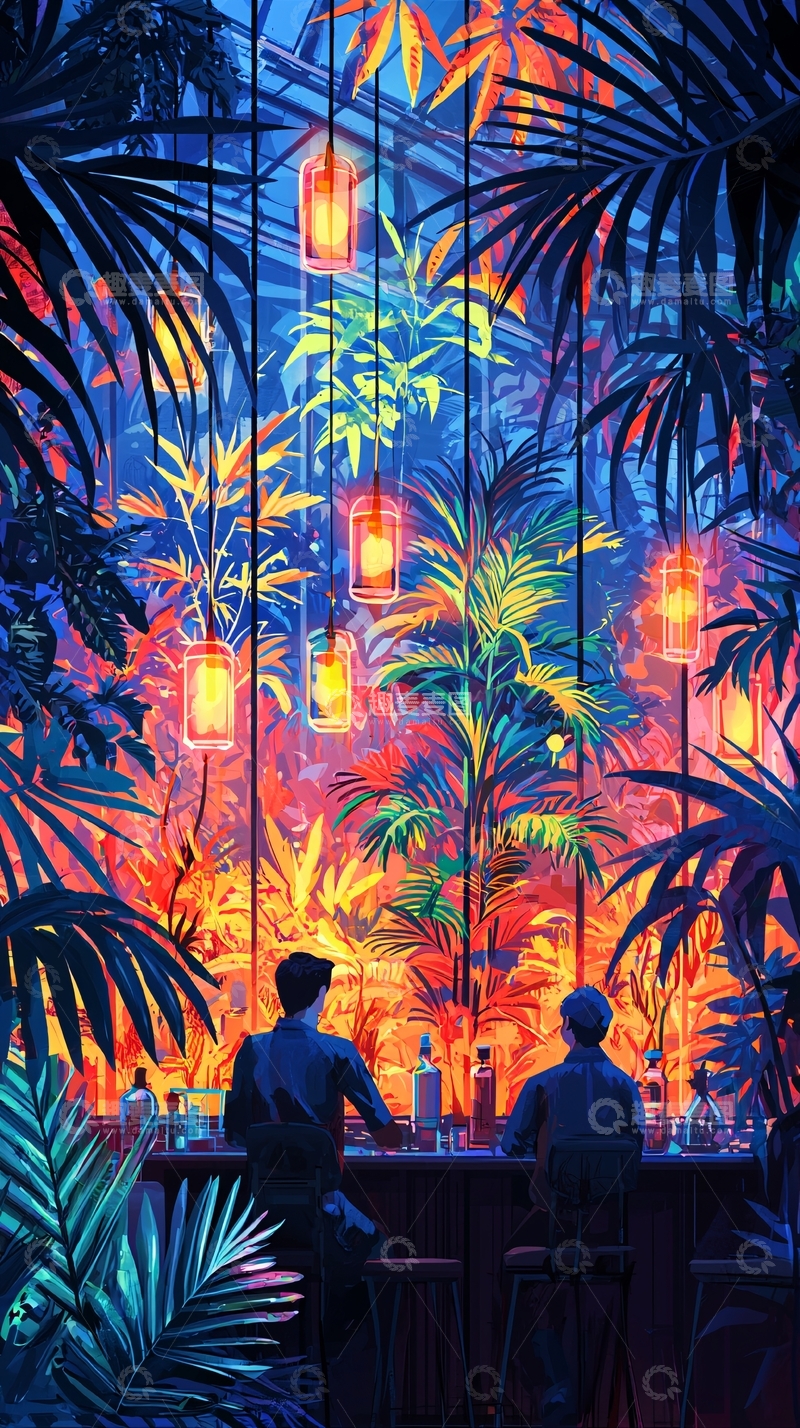 高清大图下载【趣麦麦图】霓虹灯下的热带雨林酒吧