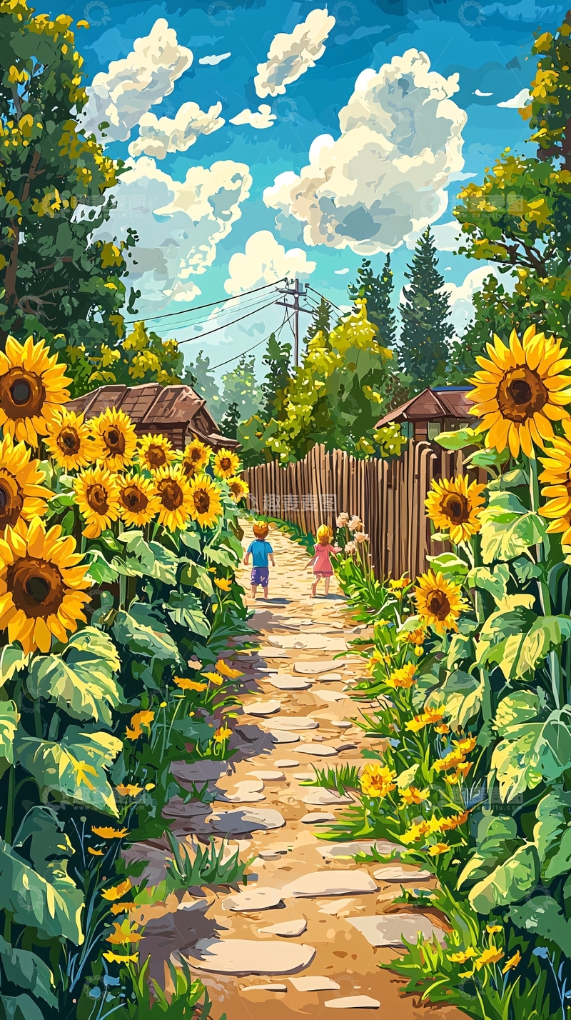 高清大图下载【趣麦麦图】向日葵田间小路孩童背影