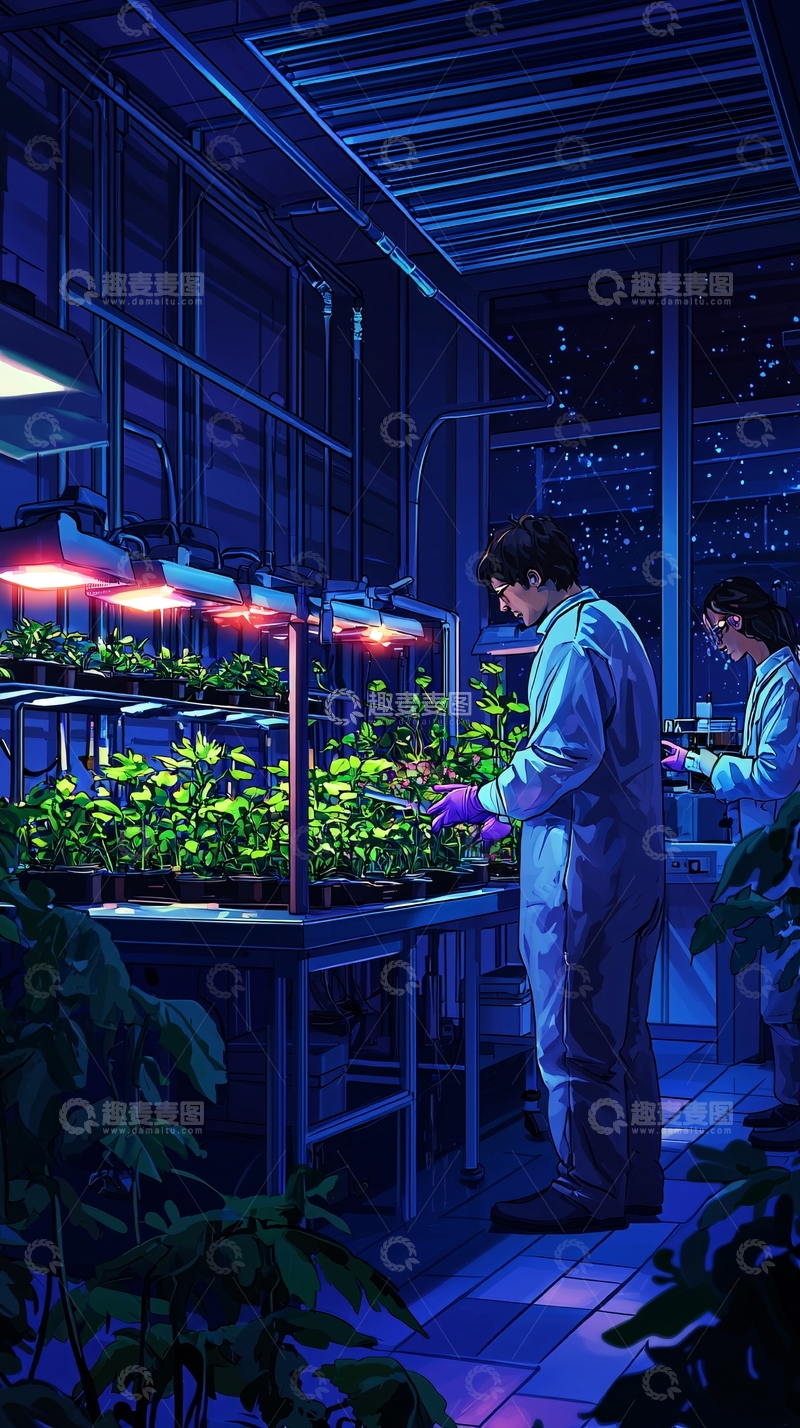 高清大图下载【趣麦麦图】夜晚实验室植物研究
