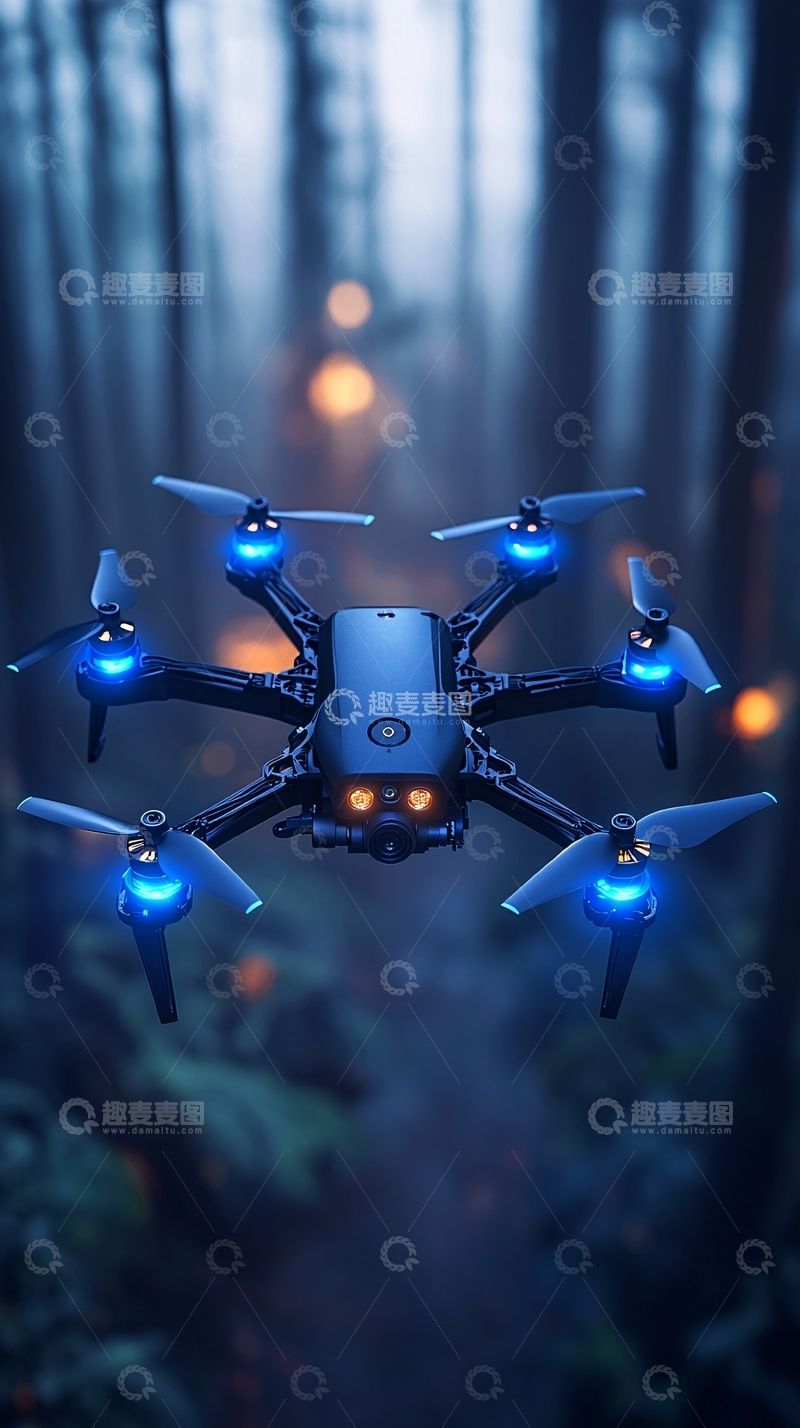 高清大图下载【趣麦麦图】黑暗森林中悬浮的蓝色无人机