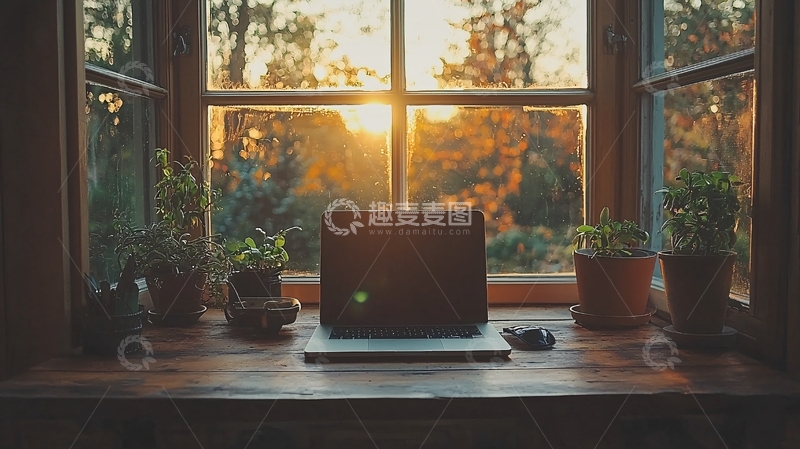 高清大图下载【趣麦麦图】窗边笔记本电脑日落景色