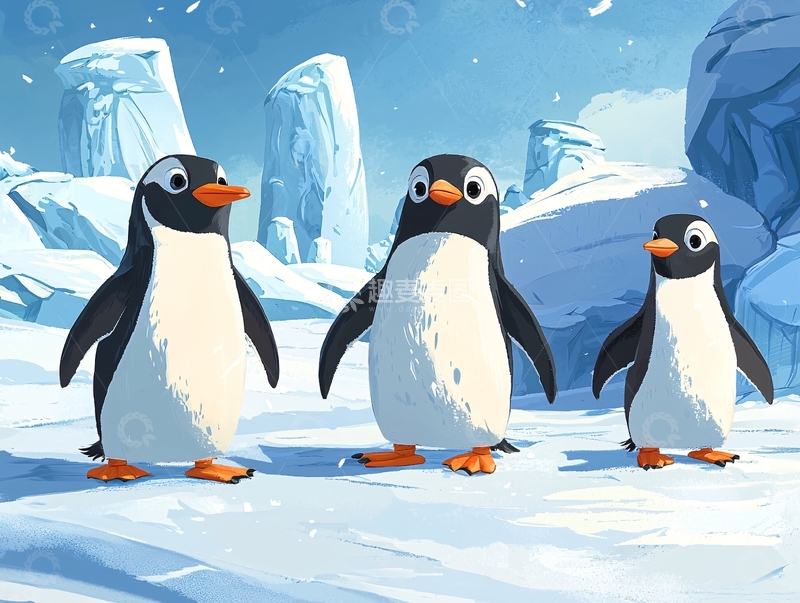 高清大图下载【趣麦麦图】卡通企鹅一家在雪地里