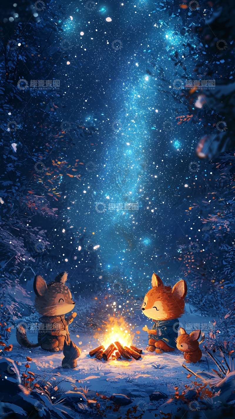 高清大图下载【趣麦麦图】动物围着篝火看星星