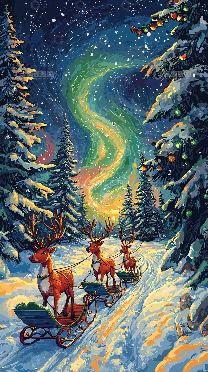 高清大图下载【趣麦麦图】圣诞夜的驯鹿拉雪橇