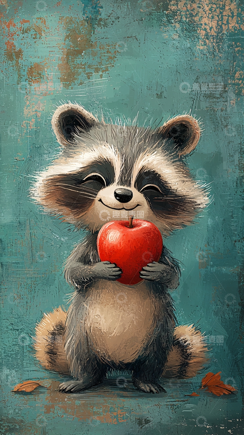 高清大图下载【趣麦麦图】可爱浣熊抱着红苹果