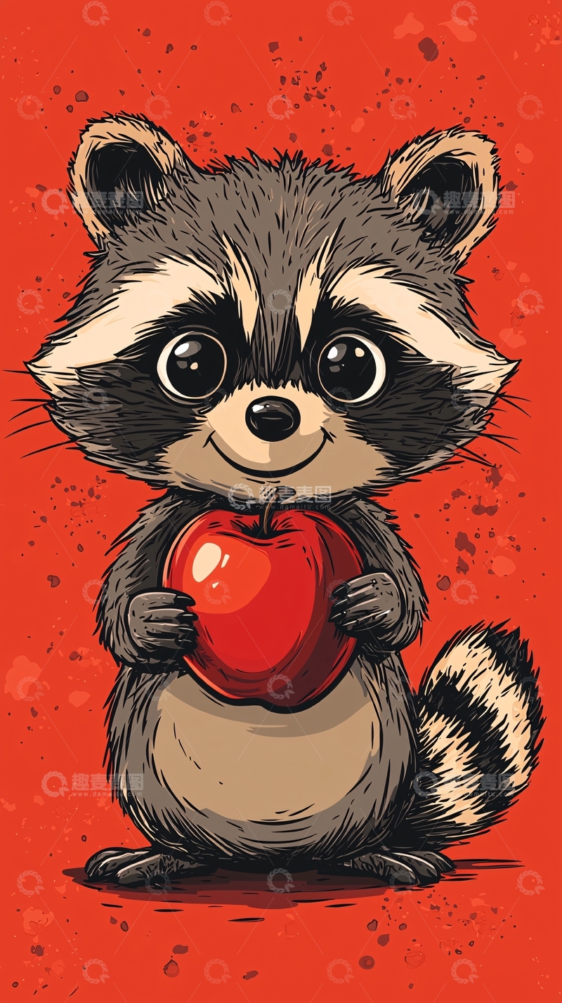 高清大图下载【趣麦麦图】卡通浣熊抱着红苹果