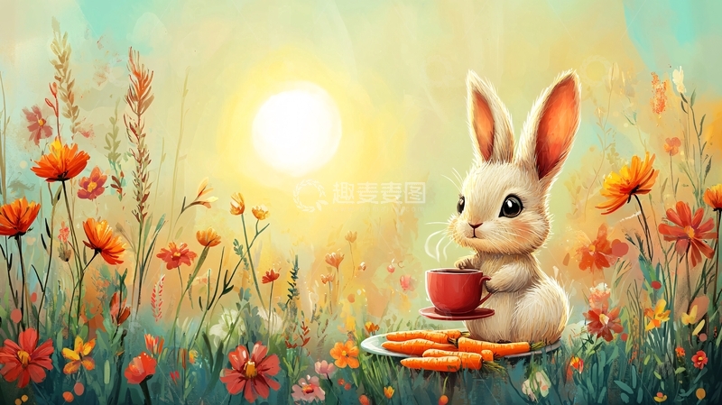 高清大图下载【趣麦麦图】卡通兔子在阳光明媚的花园喝茶
